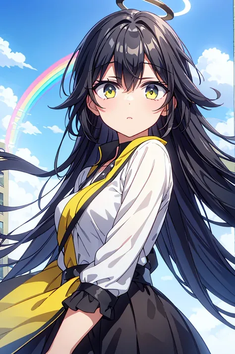 best quality, expressive eyes, perfect face,Black hair, light yellow eyes, rainbow colored halo, straight hair fluttering in the wind.