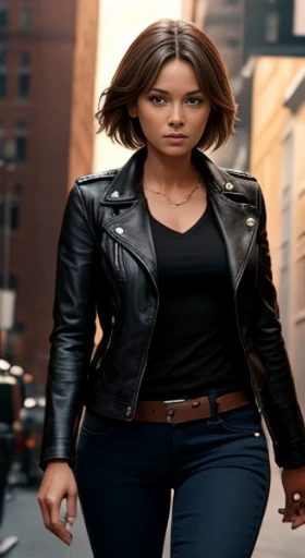 (best quality, masterpiece:1.2), Ellen Jegg, black jeans, dark background, brown hair, attacking titan, black jacket, slim, HD, high quality, black clothing