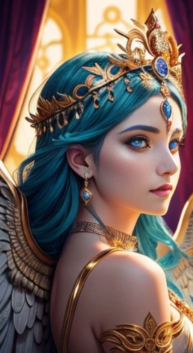 (goddess with wings,coin face crown,mythological:1.1),vibrant colors,sharp focus,fine art:1.2,detailed eyes,elaborate crown,dramatic lighting,beautiful goddess