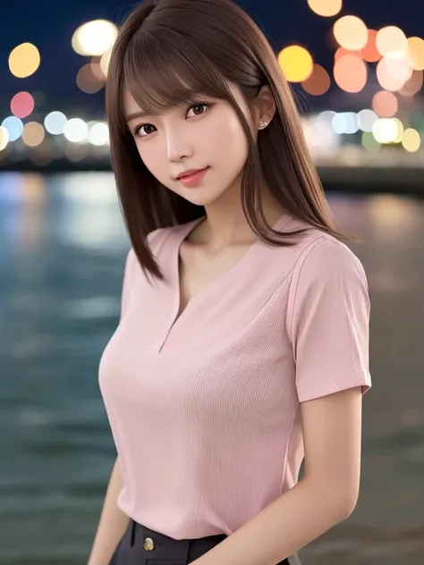 product quality, 1 girl per 1 photo, upper body shot, front view, a Japanese young pretty girl, long bob hair, wearing a marriage ring, night time, wearing a short sleeves collared pink blouse, wearing light brown pants, standing at a crowded wharf with a ...