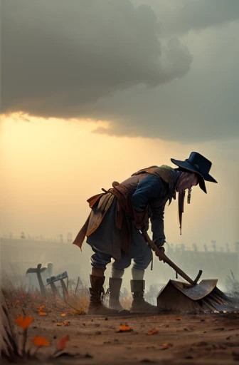 Gravedigger digging grave with shovel, Autumn weather, cloudy, FOG, crawl, 1600s