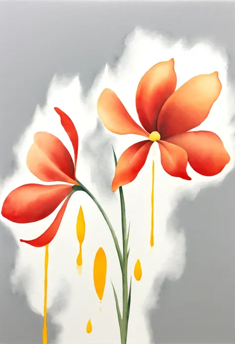 watercolor painting, Advanced flowers, Precious, rare, mysterious, rain, by Georgia OKeeffe, best quality, masterpiece, 8k, Scarlet, gold dust, blank canvas white, ash gray