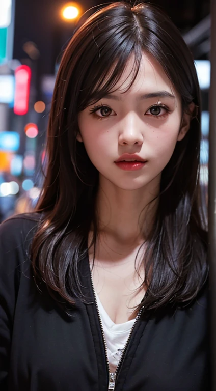 1girl, Tokyo street,night, cityscape,city lights, upper body,close-up, 8k, RAW photo, best quality, masterpiece,realistic, photo-realistic,