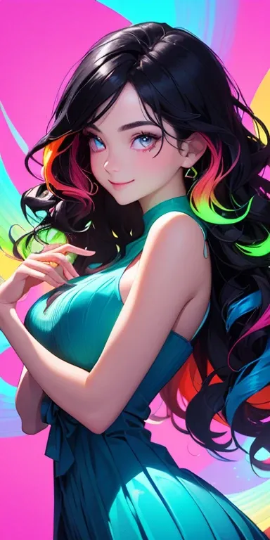 (black hair,colorful fluorescence multicolored  hair:1.5,wavy hair:1.5), (masterpiece, sidelights, exquisite beautiful eyes: 1.5), masterpiece*portrait, realistic, ((Colorful background of different colors:1.5)),(Gentle face:1.5),colorful,3D face,(cute fac...