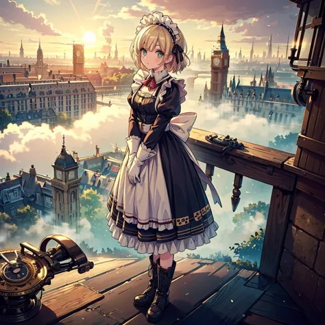 (masterpiece), best quality, expressive eyes, perfect face, ((perfect anatomy, best hands)), 1girl, (solo:1.5), a maid in steampunk style on the top of stairs, holding a mop and bucket , (mop, bucket, blond, gear,dial, boots, (white_apron:1.3),(maid headdr...