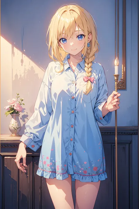 masterpiece:1.3, best quality:1.3, highly detailed, 8k raw, simple_background:1.3, bedroom:1.3, female_solo, standing, cowboy_shot, man pajama shirt, wearing panty, light_blue_eyes, look happy, light blonde hair, single braid, cozy and casual pose