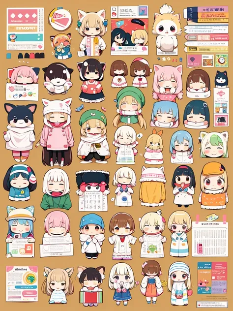 cute sticker sheet with animals and chibi characters, soft childrens book illustration style, crayon coloring style, cute, kawaii, warm color scheme