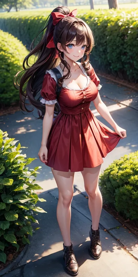 1girl, full body, solo, village, trees, flowers, brown hair, long hair, curly hair, ponytail, large breasts, button down dress, ((red dress)), ((short sleeved)), cleavage 1:3, blue eyes, smile, looking at the viewer, standng, hair ribbon, golden necklate