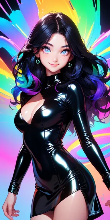 (black hair,colorful fluorescence multicolored  hair:1.5,wavy hair:1.5), (masterpiece, sidelights, exquisite beautiful eyes: 1.5), masterpiece*portrait, realistic, ((Colorful background of different colors:1.5)),(Gentle face:1.5),colorful,3D face,(cute fac...