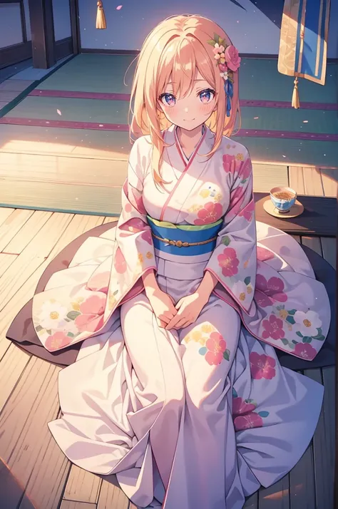 masterpiece:1.3, best quality:1.3, highly detailed, 8k raw, simple_background:1.3, white_background:1.3, female_solo, sitting on tatami, tatami tea table, tea festival, medium breasts, cowboy_shot, pink floral kimono, kawaii eyes, look happy, light blonde ...