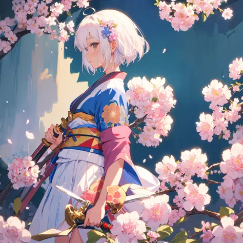 One girl, solo, short hair, hair ornament, sword in hand, (weapon, sword, held in arm), kimono, hanging scroll, upper body, flowers, white hair, flowers in hair, electronic, from side, profile, pink flowers, blue flowers, Japanese painting,