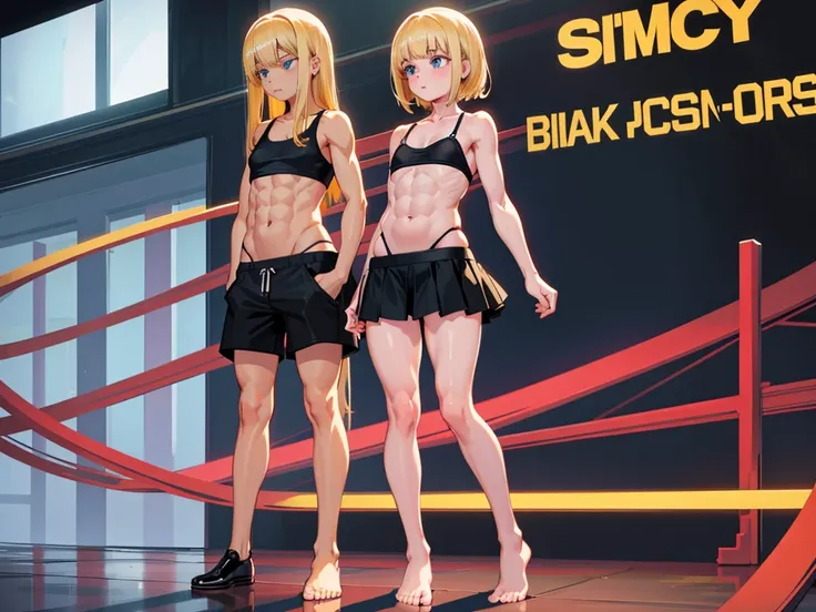 1girl, black camisole,12-year-old, blonde, blue-eyed, (full body seen:1.3), strong arms, muscular thighs, ripped muscles, six pack abs, muscle arms, muscular, slim, Petite, flat chest