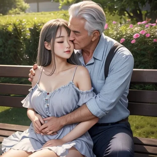 teenage girl、Gray-haired man、hug a girl、Large bust、larger hips、blush、embarrassed expression、close contact、dandy、girl hugging a man、kiss、Girl Spanning Men、Disturbed clothing、mini skirt、man putting his hand on girl&#39;s chest、garden、Ruffled nightgown、Elderl...