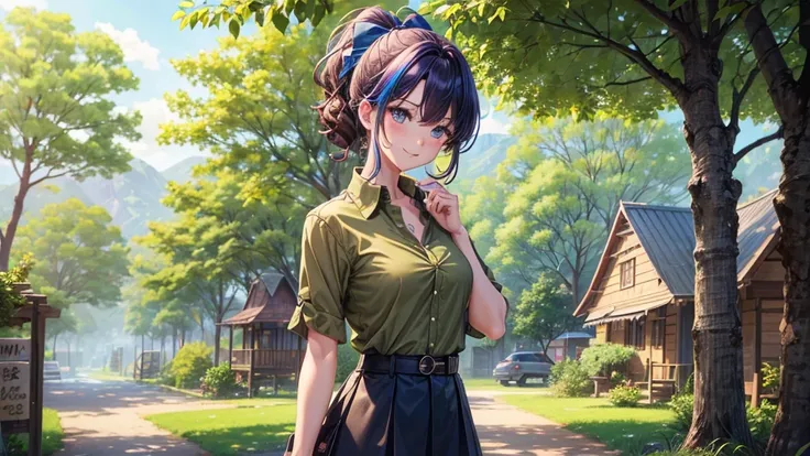 1girl, solo, village, trees, ((colorful hair)), curly hair, ponytail, large breasts, button down shirt, ((brown green shirt)), ((unbuttoned shirt)), ((short sleeved shirt)), blue eyes, skirt, sandals, smile, looking at the viewer, ((standing)), hair ribbon