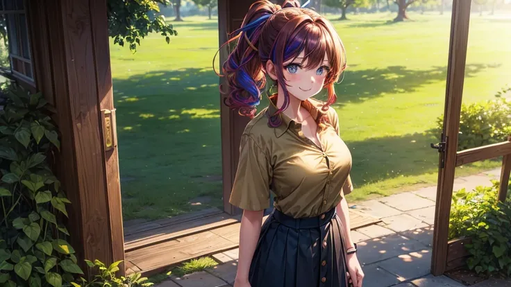 1girl, solo, village, trees, ((colorful hair)), curly hair, ponytail, large breasts, button down shirt, ((brown green shirt)), ((unbuttoned shirt)), ((short sleeved shirt)), blue eyes, skirt, sandals, smile, looking at the viewer, ((standing)), hair ribbon