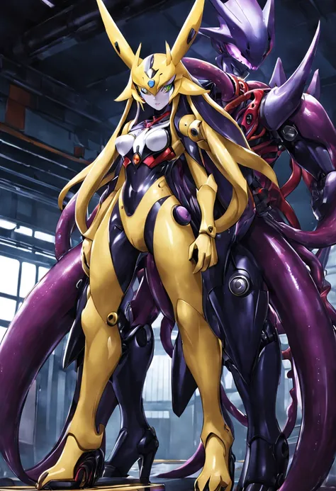 NSFW，Pilot and giant battle mecha，The pilot is inside a giant battle mech.，Pilot details(Height: 160cm，The pilot is in front of a giant battle mech.，The pilot wears a Renamon-type full body suit.，Renamon type full face，He is riding in a tentacle-shaped coc...