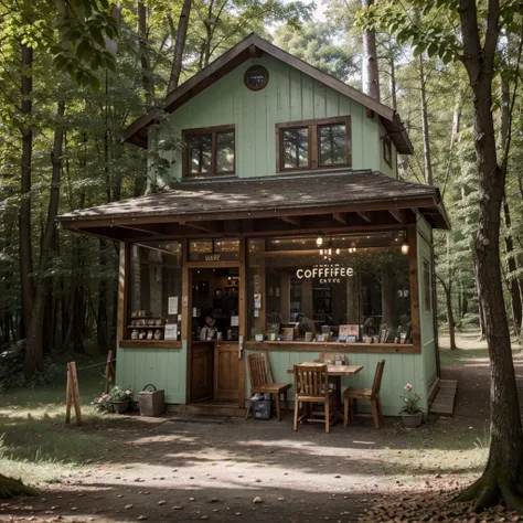 A small coffee shop in the middle of the forest, there are small food items hanging, four or five chairs are placed in front of the shop, the environment is beautiful, There is a lake next to it.