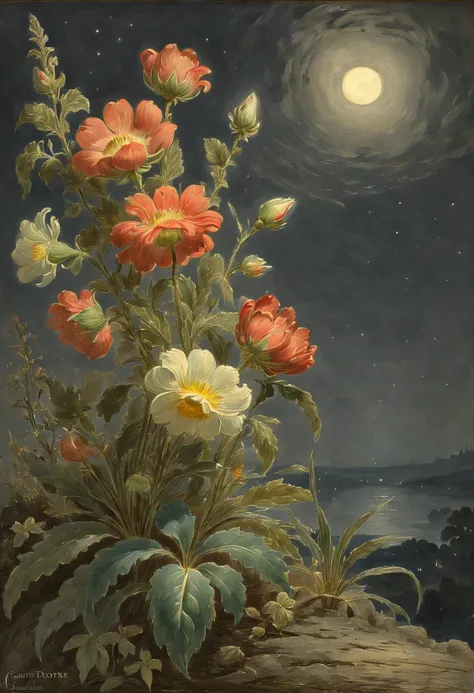 watercolor painting, flowers, night, (by Gustave Doré), best quality, masterpiece, 8k