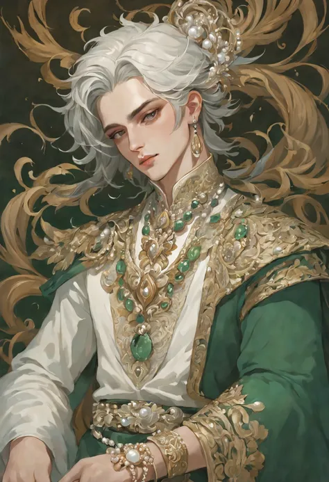 handsome, portrait, extremely detailed fantasy clothing, white, jade, pearls, smoky colors, drawing