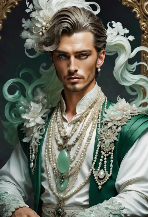 handsome, portrait, extremely detailed fantasy clothing, white, jade, pearls, smoky colors, drawing