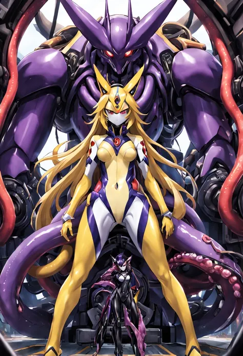 NSFW，Pilot and giant battle mecha，The pilot is inside a giant battle mech.，Pilot details(Height: 160cm，The pilot is in front of a giant battle mech.，The pilot wears a Renamon-type full body suit.，He hides his face with a Renamon-type full face.，Riding in a...