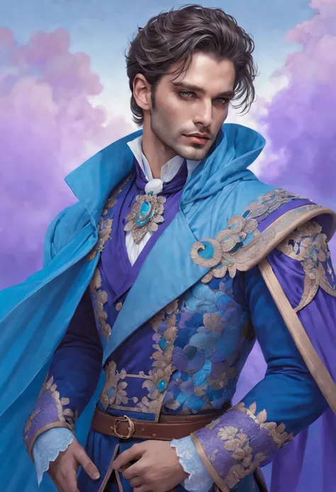 handsome, portrait, extremely detailed fantasy clothing, blue, Purple fog, opal, smoky colors, drawing