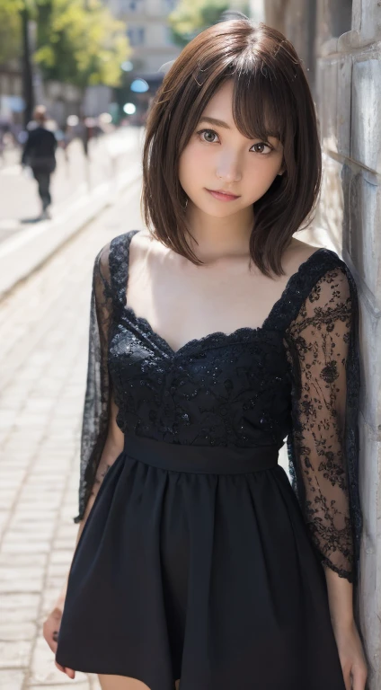 (happy expression:1.26)、Raw photo、(((Ultimate Beauty Full Body Shooting)))、((glowing skin))、1 girl、17-year-old beautiful girl in Prague、bright look、((brown hair))、lace dress、city、walking、lots of people、Many people、city中、rich bust、Close one eye to the viewe...