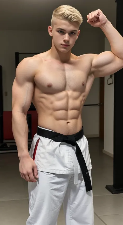 Teenage white man , karate black belt , 18 years old , lower taper fadehaircut , blonde hair, green eyes fixed, affiliated features, no facial hair, height 1.93, weight 100 kg, aesthetic muscular build, broad shoulders, V-shaped body, full body focus, comp...