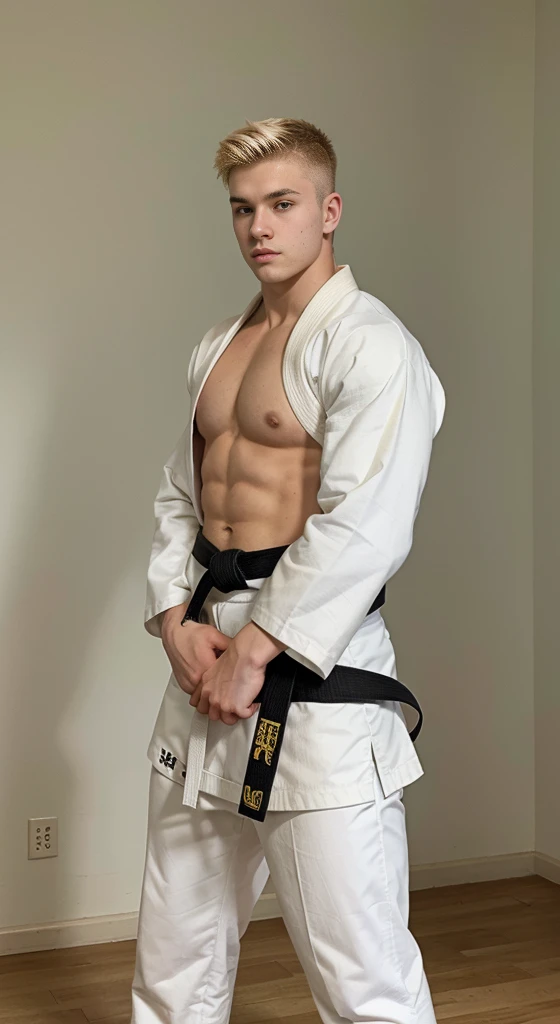 Teenage white man , karate black belt , 18 years old , lower taper fadehaircut , blonde hair, green eyes fixed, affiliated features, no facial hair, height 1.93, weight 100 kg, aesthetic muscular build, broad shoulders, V-shaped body, full body focus, comp...