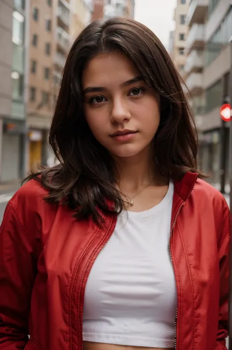 A 18 years old girl wearing red jacket