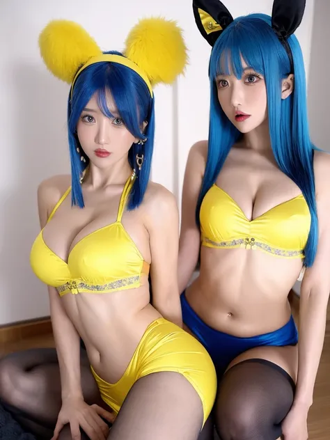 Hair that hangs over the ears, bra, sexy body, pantyhose, scary face, blue hair, yellow hair color, beautiful bust, beautiful legs, beautiful face, exposed belly button, panties