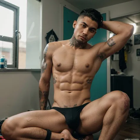 Homem jovem latino, athletic and fit, com tatuagens de gangue no corpo e rosto, cabelo castanho claro curto raspado dos lados, olhos castanhos claros penetrantes e rosto de delinquente, only with underwear, is sitting in a cyberpunk style room.