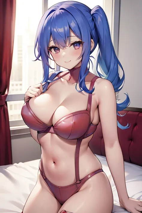 blue hair, pink eyes, large breast, ((red lingerie)), ((red underwear)), ((red bra)), sexy, smile, a hotel bedroom