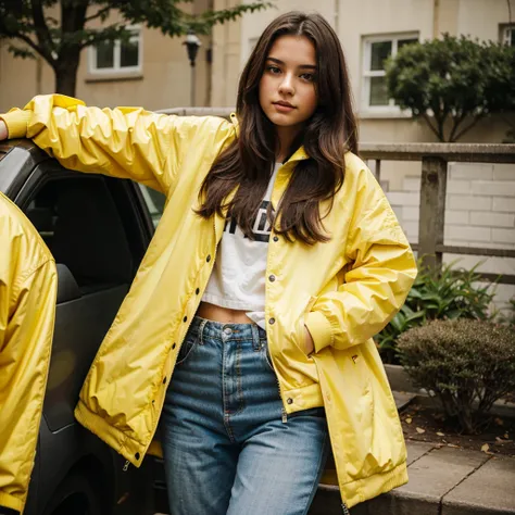 A 18 years old girl wearing yellow jacket 