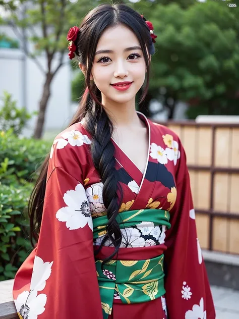 1girl, solo, looking at viewer, smile, black hair, hair ornament, flower, japanese clothes, kimono, grin, black eyes, makeup, lipstick, red lips