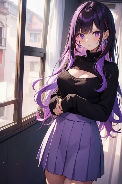 (best quality, 8k, 32k, masterpiece, UHD:1.2), highres, sharp focus, detailed outfit, beautiful detailed hair, delicate details, 1 girl, long hair, straight hair, (multicolored hair, gradient hair, two-tone hair, black hair, purple hair:1.2), purple eyes, ...