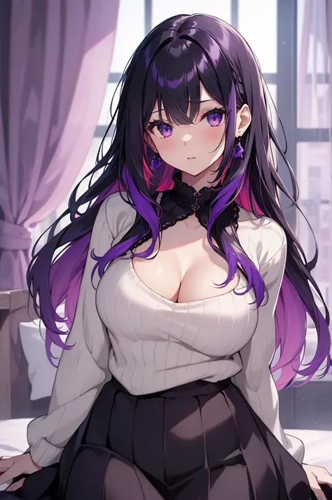 (best quality, 8k, 32k, masterpiece, UHD:1.2), highres, sharp focus, detailed outfit, beautiful detailed hair, delicate details, 1 girl, long hair, straight hair, (multicolored hair, gradient hair, two-tone hair, black hair, purple hair:1.2), purple eyes, ...