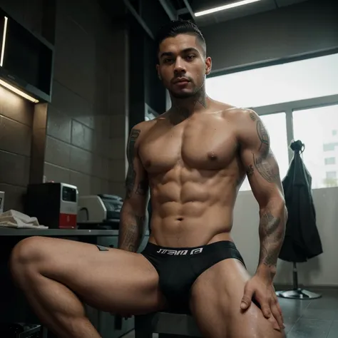 Homem jovem latino, Athletic and fit, com tatuagens de gangue no corpo e rosto, cabelo castanho claro curto raspado dos lados, olhos castanhos claros penetrantes e rosto de delinquente, cara de mau, only with underwear, is sitting in a futuristic cyberpunk...