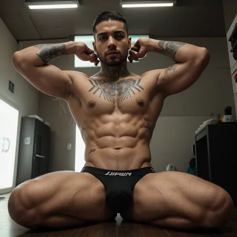 Homem jovem latino, Athletic and fit, com tatuagens de gangue no corpo e rosto, cabelo castanho claro curto raspado dos lados, olhos castanhos claros penetrantes e rosto de delinquente, cara de mau, only with underwear, is sitting in a futuristic cyberpunk...