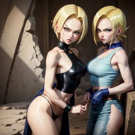 Android 18 Dragon Ball Z, short blonde hair, blue eyes,