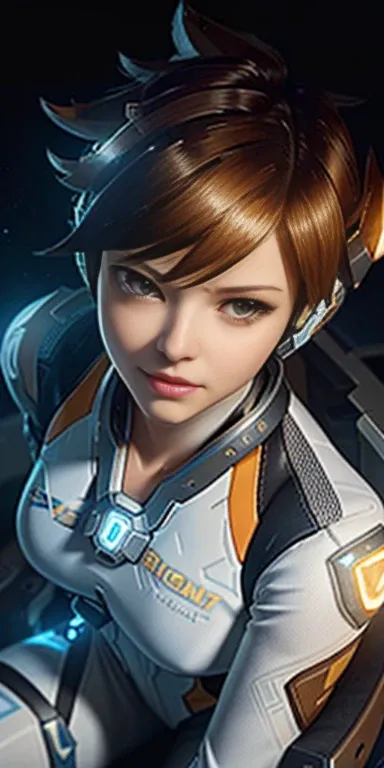 (Overhead view),dynamic angle,ultra-detailed, illustration, close-up, straight on, 1girl, 
 ((Tracer from Overwatch, interface headset, white bodysuit:1.4, brown hair)),Her eyes shone like dreamy stars,(glowing eyes:1.233),(beautiful and detailed eyes:1.1)...