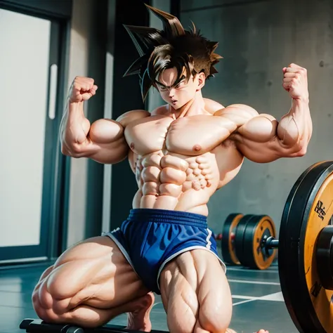 (Eine detaillierte Zeichnung von Son Goku, bodybuilding gym.), shirtless, barefoot, benchpress, Bizeps curls 