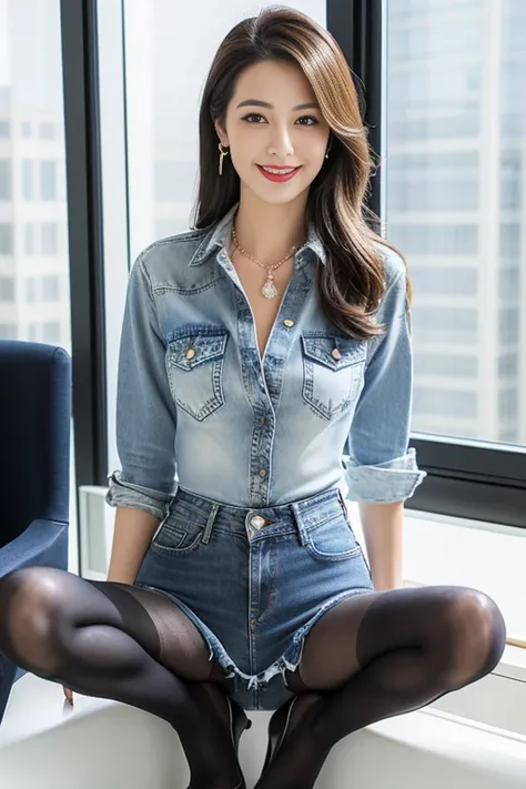 (best quality),(full body portrait),(slim and long legs),((spread legs:1.4)),delicate face, Pretty face,Slender,((Denim shirt、denim skirt))、cleavage、Offices on high floors、There are large windows、Detailed background、(((Black pantyhose))),adorable，smile，sit...