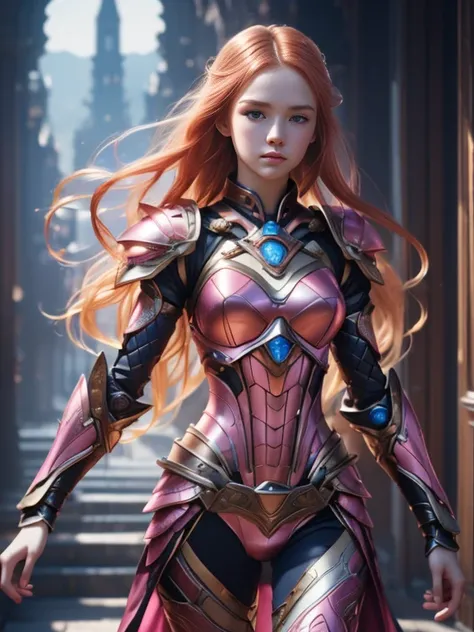 1 girl age 19, solo, aesthetic artwork, irish redhead, long wavy ginger hair, grayeyes light, some small freckles, pale skin, A-cup, medium breasts, slim body, runners body, (textured skin, skin pores:1,1), (moles:0,8), imperfect skin, (super mecha armor p...