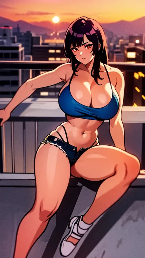 (masterpiece), high-definition, girl, big boobs, cleavage, big hips, messy dark purple hair, orange eyes, crop top, black thong, blue shorts, balcony, leaning on the railing, sunset