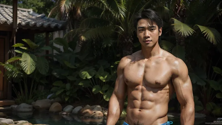 In the captivating image lies a Korean handsome guy, radiating charisma as he proudly showcases his slightly muscular build in a full-bodied stand-up pose. Wearing a sexy bikini that accentuates his physique, he stands amidst the outdoor environment, bathe...