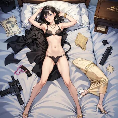 Masterpiece, hyper detailed 8k, perfect anatomy, lying, 1rich Short black haired girls nude, money, condom, jewellery, and gun on bed, looking at viewer, slender body, blue eyes, flashing Pussy, showing Titties, seductive blush smiling, arms up, from below...