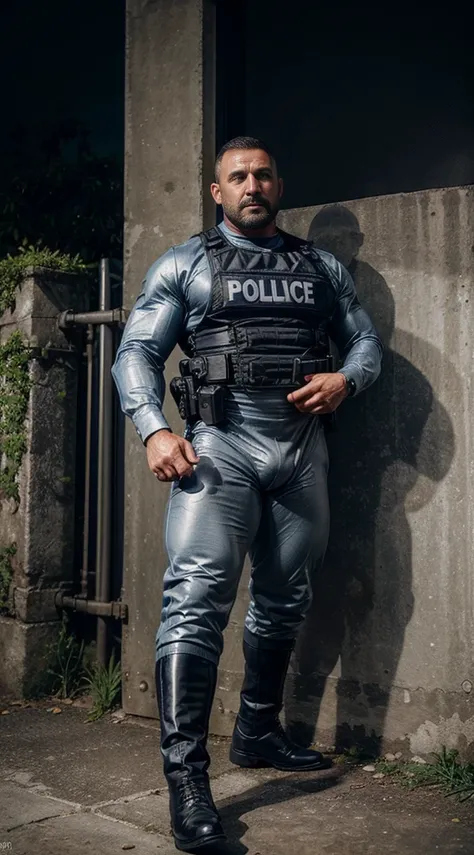 Masterpiece, highest quality, Ultra-Realistic, one man, full body shot, Italian policeman, italian, italian police uniform, rugged, muscular, big biceps, big forearms, bodybuilder body, hairy, very short hair, buzz cut hairstyle, masculine, manly, serious,...