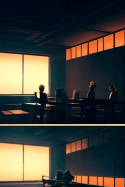 In a dark room, there are anime characters and a group of people. The scene depicts a screenshot from an animated movie that showcases the epic animation of ash-gray clouds. The prompt focuses on the anime theme with a screenshot from a 2012 anime film. Th...