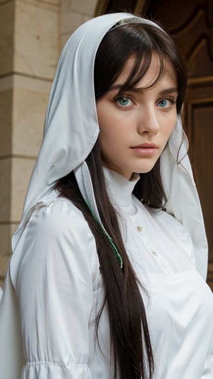 Beautiful arabe white model with angelic ronde face and big green eyes and black long hair